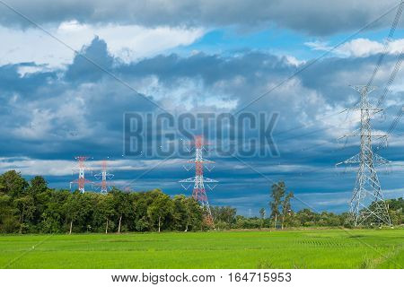 High voltage electricity pylon on the confield have moutain and sky on blackground
