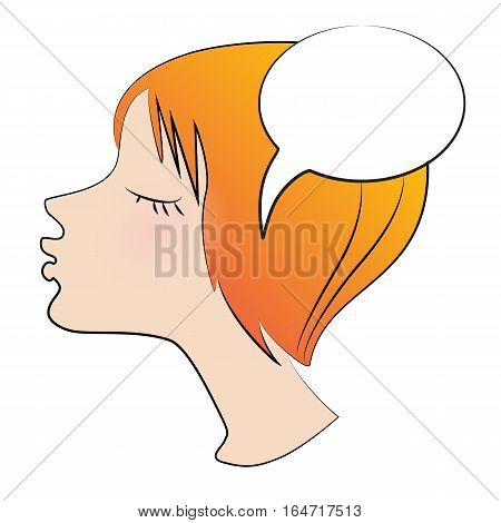 Portrait of red-haired girl with closed eyes and Speech balloon on a white background