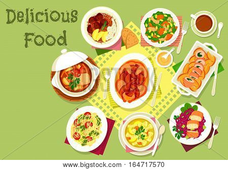 Chicken baked in wine with bacon icon served with beef pasta soup, fish soup, vegetable chicken stew, pumpkin salad, broccoli pasta casserole, pork ribs with sauerkraut, pork roll with bacon