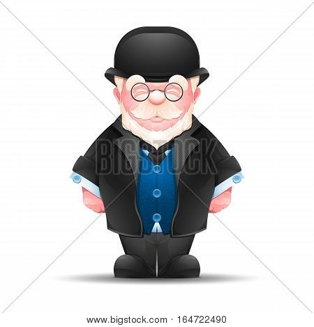 Full length portrait of senior man dressed in formal suit. Cheerful elderly gentleman in a bowler hat isolated on white. Vector illustration 10 EPS