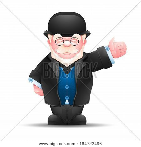 Senior man pointing in one direction. Full length portrait of elderly gentleman dressed in formal suit isolated on white. Vector illustration 10 EPS