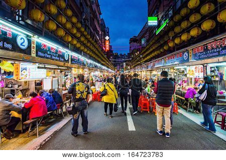 KEELUNG TAIWAN - NOVEMBER 28: This is Keeelung night market a famous night market where people go to eat in Keelung city near Taipei on November 28 2016 in Keelung