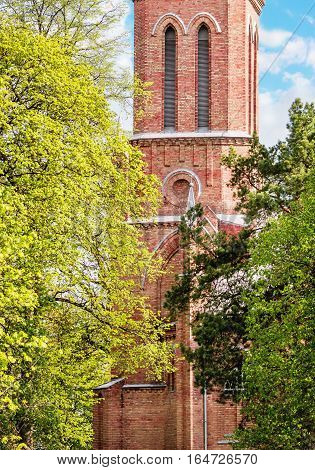 Fragment of a red brick catholic church in Birstonas Lithuania