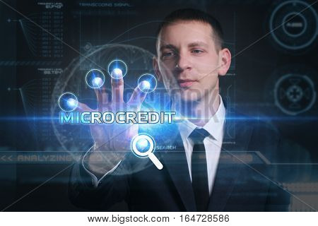 Business, Technology, Internet And Network Concept. Young Businessman Working On A Virtual Screen Of
