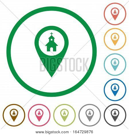 Church GPS map location flat color icons in round outlines on white background