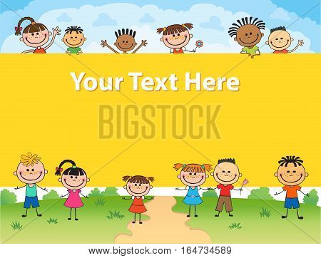 illustration of kids bunner around banner behind poster vector yellow background