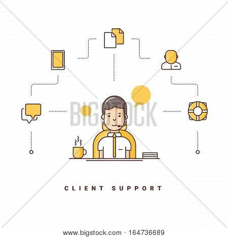 Client support. Cartoon character talking on headset. Vector illustration with flat line icons