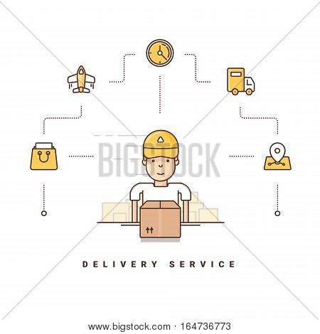 Delivery service. Cartoon character packing boxes. Vector illustration with flat line icons