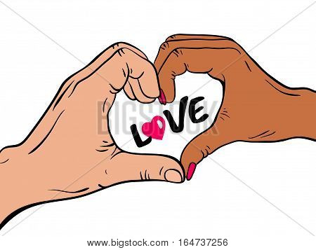 Female and male hands with heart sign and love lettering. Vector hand drawn illustration in comic style isolated on white background