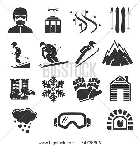 Ski resort sports icons. Winter snow skiing sport signs. Extreme mountain sport illustration