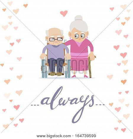 Cute Valentines Day card with lovely and happy senior couple and hand-lettered word 