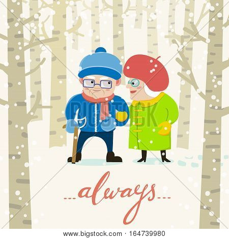 Cute Valentines Day card with lovely and happy senior couple and hand-lettered word "always". Vector illustration. Cartoon style. Elder caucasian man and woman spending time together.
