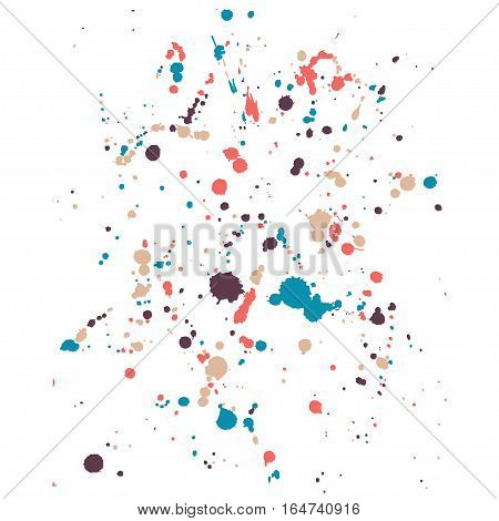 Hand-made grunge colorful drops texture. Abstract splatters and stains on white isolated  background. Artistic messy painting for your design. Vector art.