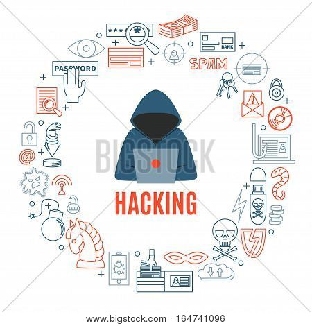 Hacking and cyber crime - linear round vector template with icons of gadgets, hacker's activities, cracking and fraud, spam, viruses  etc. Illustration for hacker attack or computer security.