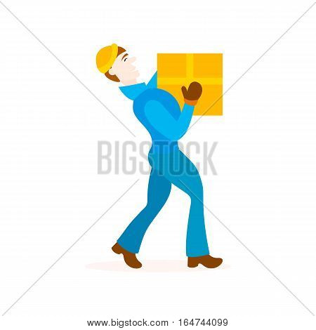 Delivery man with cardboard box. Concept fast delivery goods to home. Isolated white background. Flat style. Courier boy carries a box. Loader profession.