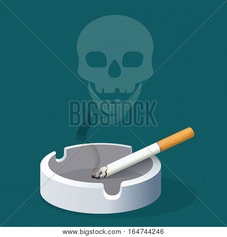 Ashtray with cigarette and skull made of smoke. Smoking cigarette with filter in ceramic tray. Realistic vector illustration to warn about danger of harmful habit. Addiction with risk for health
