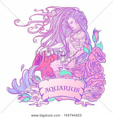 Zodiac sign Aquarius. Young man with long hair holding large amphora. Frame of roses. Water flowing out. Vintage art nouveau style concept art for horoscope or tattoo. Pastel goth palette