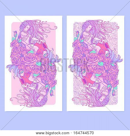 Zodiac sign Aquarius. Young man with long hair holding large amphora. Frame of roses. Water flowing out. Vintage art nouveau style concept art for horoscope or tattoo. Vertical banners set