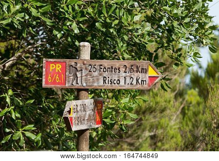 MADEIRA, PORTUGAL - SEPTEMBER 6, 2016: Signboard 25 Fontes and Risco Levada on Madeira Portugal - travel background