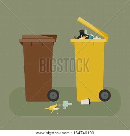 Dumpsters with garbage flat illustration. Vector banner of containers for separate waste.
