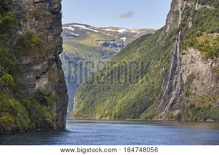 Norwegian fjord landscape. Hellesylt Geiranger route. Tourism Norway