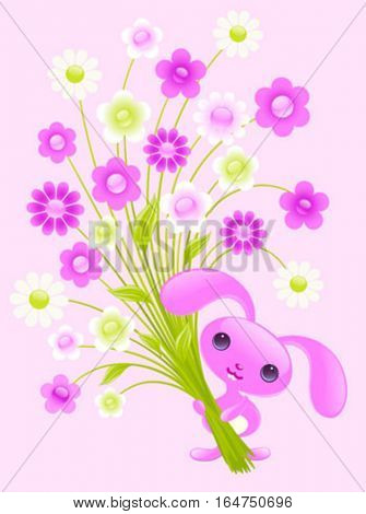 Pretty bunny with flowers. Cute baby animal.