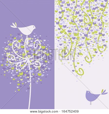 Two pretty love birds and flowery branches. Vector illustration.
