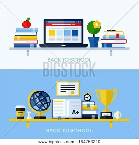 School flat design vector illustration with bookshelf and school supplies. Concepts for websites and printed materials