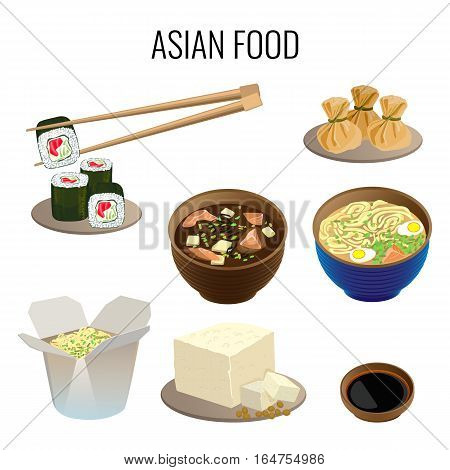 Asian food. Collection of traditional national asian dishes on white. Oriental cuisine web banner. Vector illustration of sushi with long sticks, ramen soup, kind of pottage, meal in carton box.