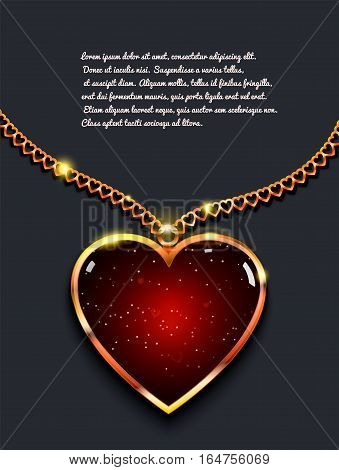 Heart on golden chain with light, design jewellery. Valentine's day vector background.