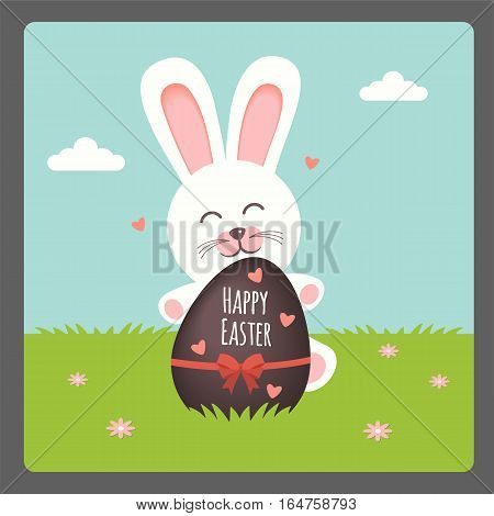 Happy Easter with bunny and chocolate egg on spring background