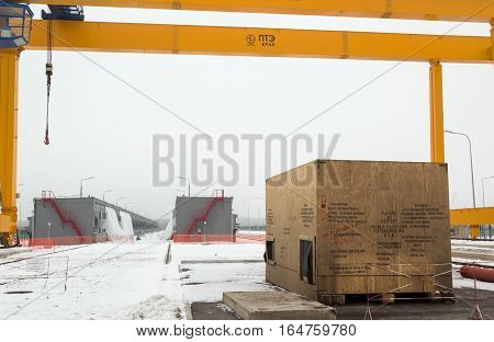 CHERNOBYL UKRAINE - DECEMBER 22 2016: Gantry bridge crane on construction of the Interim Spent Nuclear Fuel Dry Storage Facility (ISF-2) at Chernobyl Nuclear Power Plant