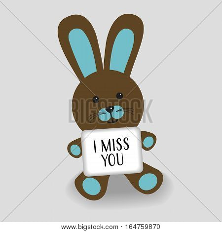 Blue bunny with message I miss you illustration on grey background