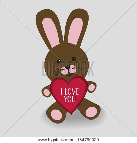 Pink bunny with heart I love you illustration and a small shade on grey background
