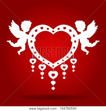 Twins Cupid hold heart on red background vector art design for wedding card or valentine's day