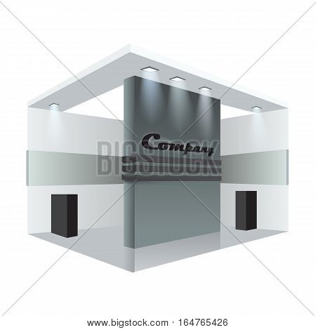 Illustrated unique creative exhibition stand display design info board, roll up. Empty trade booth template. Vector Display Mock-up and corporate identity