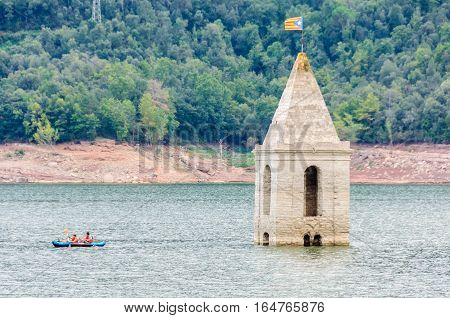 Church Tower In Sau Reservoir, Catalonia, Spain