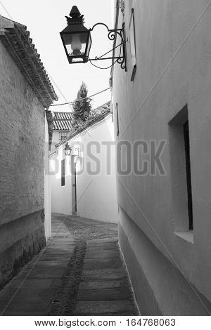 Cordoba (Andalucia Spain): old typical street in the Juderia. Black and white