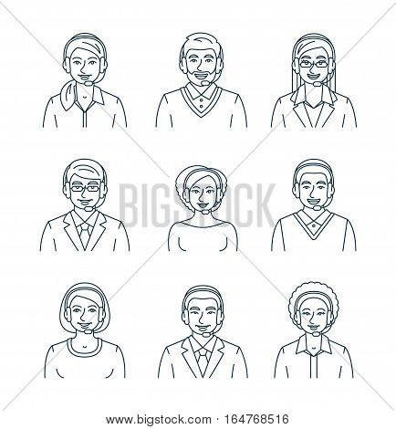 Call center agents flat line avatars. Live chat operators guys and girls smiling faces. Online customer care support service assistants with headphones. Help desk Caucasian African Asian consultant