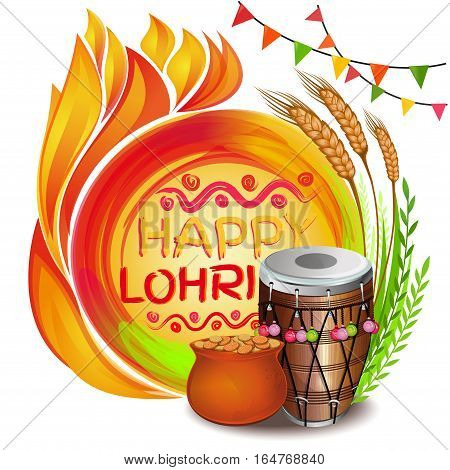 Colorful background for Punjabi festival with decorated drum (Dhol), lohri celebration bonfire, pot, wheat and greeting inscription - Happy Lohri. Vector illustration