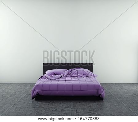 Modern bed in big room near the empty wall. mockup. 3d rendering