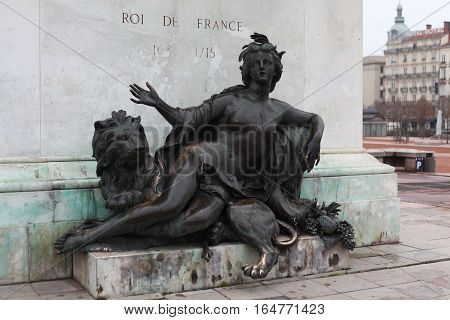 Lyon, France - December 20, 2016: allegorical figure representing the Sona river. Detail of the monument to King Louis XIV  in December 20 in Lyon