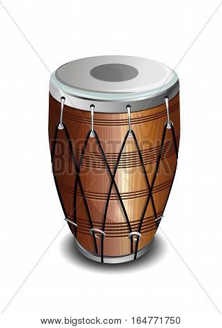 Punjabi drum called Dhol. Musical instrument. The drum in the Indian style. Realistic vector illustration isolated on white background
