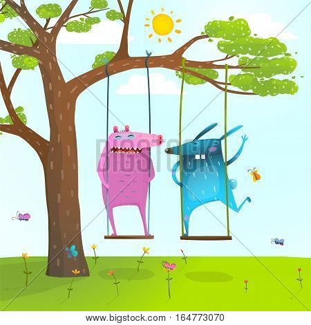 Colorful happy childish monsters creatures playing under the tree on the lawn. Vector illustration.