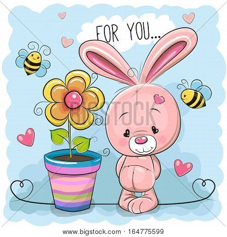 Greeting card cute cartoon Rabbit with flower on a blue background