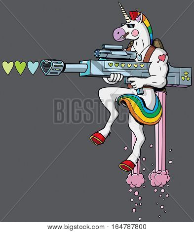 Unicorn soldier character shooting hearts with his love gun.