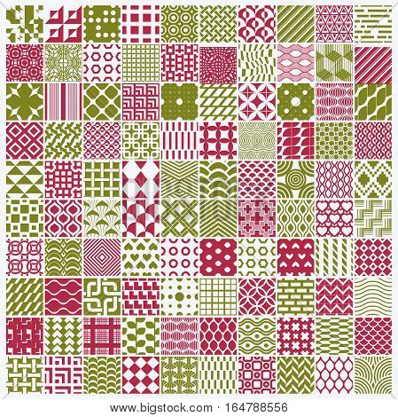 Set of vector endless geometric patterns composed with different figures like rhombuses squares and circles. 100 graphic tiles with ornamental texture can be used in textile and design.