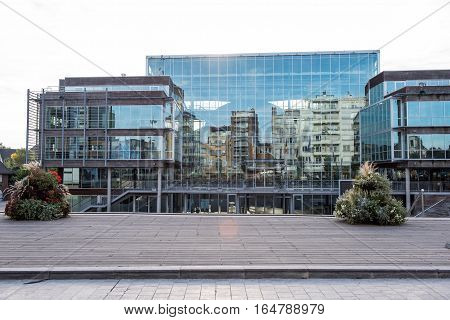 Reflections in the glass front from the town hall in Koksijde