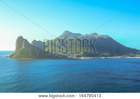 The view of Sentinel peak in Hout Bay from the scenic Chapman's Peak Drive, Cape Town, South Africa.