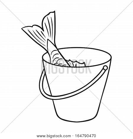 Fish in the bucket icon in outline design isolated on white background. Fishing symbol stock vector illustration.